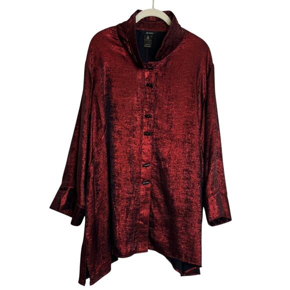 Ali Miles Tunic Top 3X Red Shiny Asymmetric Black Toggle Buttons Artsy Lagenlook - Picture 1 of 8